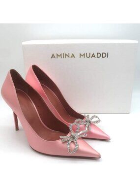 Amina Muaddi Rosie Crystal-Bow Pumps Light Rose Pink Satin Size 37.5